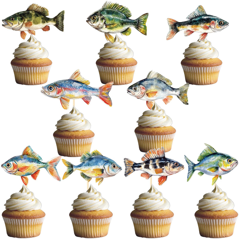 Deorfuy fish cupcake toppers with nine patterns for a vibrant party display.