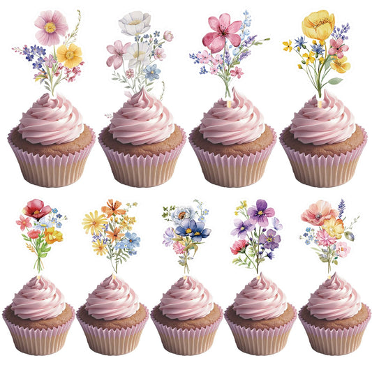 Deorfuy Wildflower cupcake toppers in nine patterns add vibrant color to cupcakes