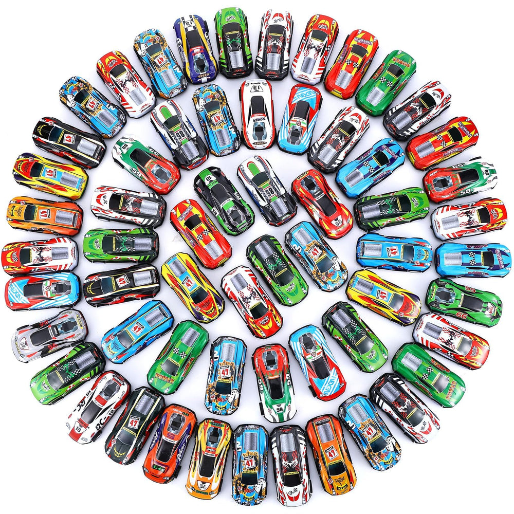 DERTE pull back cars bulk pack, colorful metal race vehicles for playtime and party favors.
