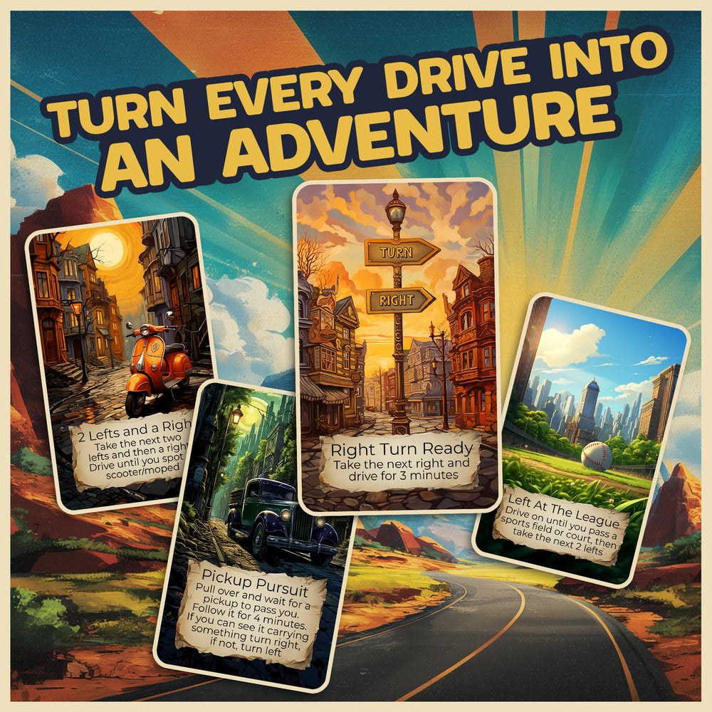 Destination Unknown driving prompt cards fanned encourage easy, screen-free road play
