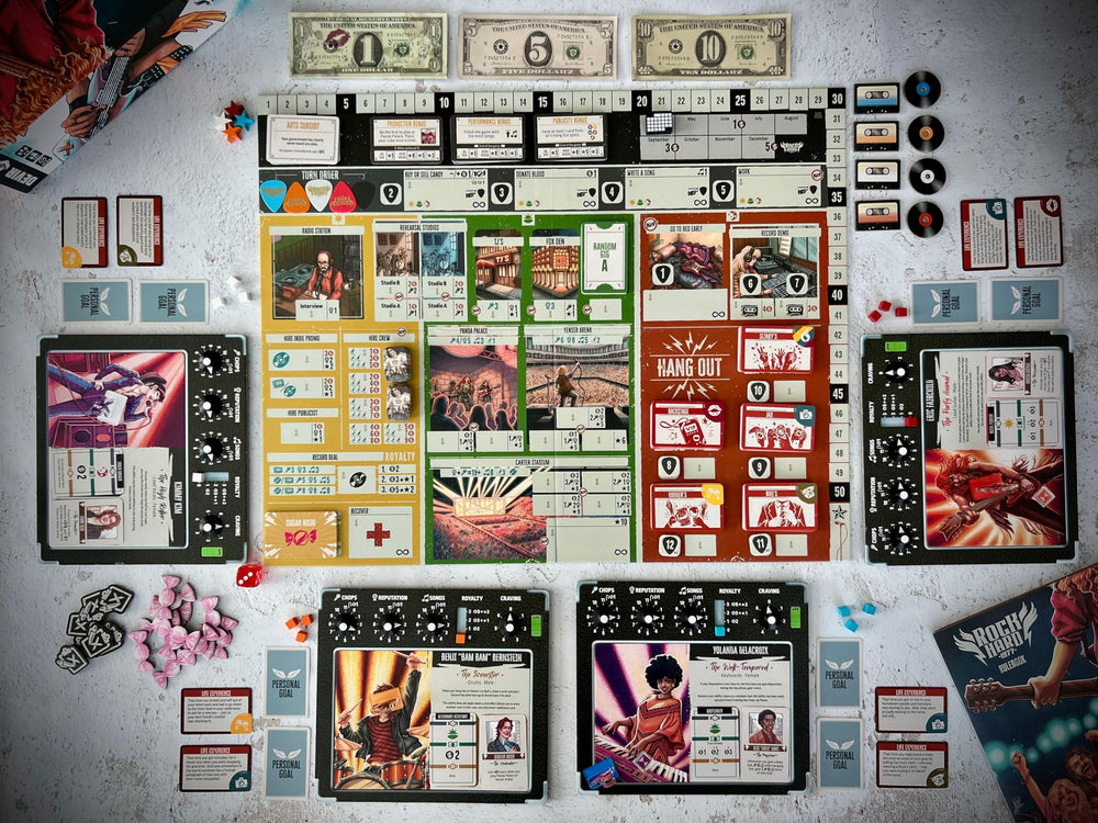 Devir Rock Hard 1977 dollar-bills as thematic currency for deals and production.