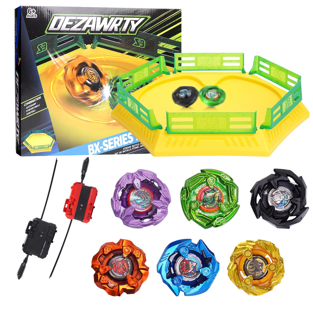 DEZAWRTY Gyro Stadium X Battle Set with 6 tops ready for fast-paced battles.