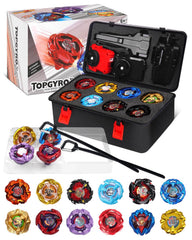 DEZAWRTY Gyro X Set contents display with 12 tops and launchers for beginners.
