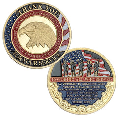 DFFDFF Military Appreciation Coin closeup reveals a gleaming gold finish and detailed engraving.