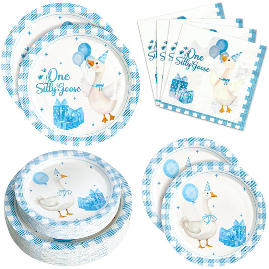 Dhnvcud One Silly Goose 9-inch plates with blue goose design for festive decor.