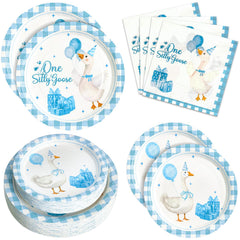 Dhnvcud One Silly Goose 9-inch plates with blue goose design for festive decor.