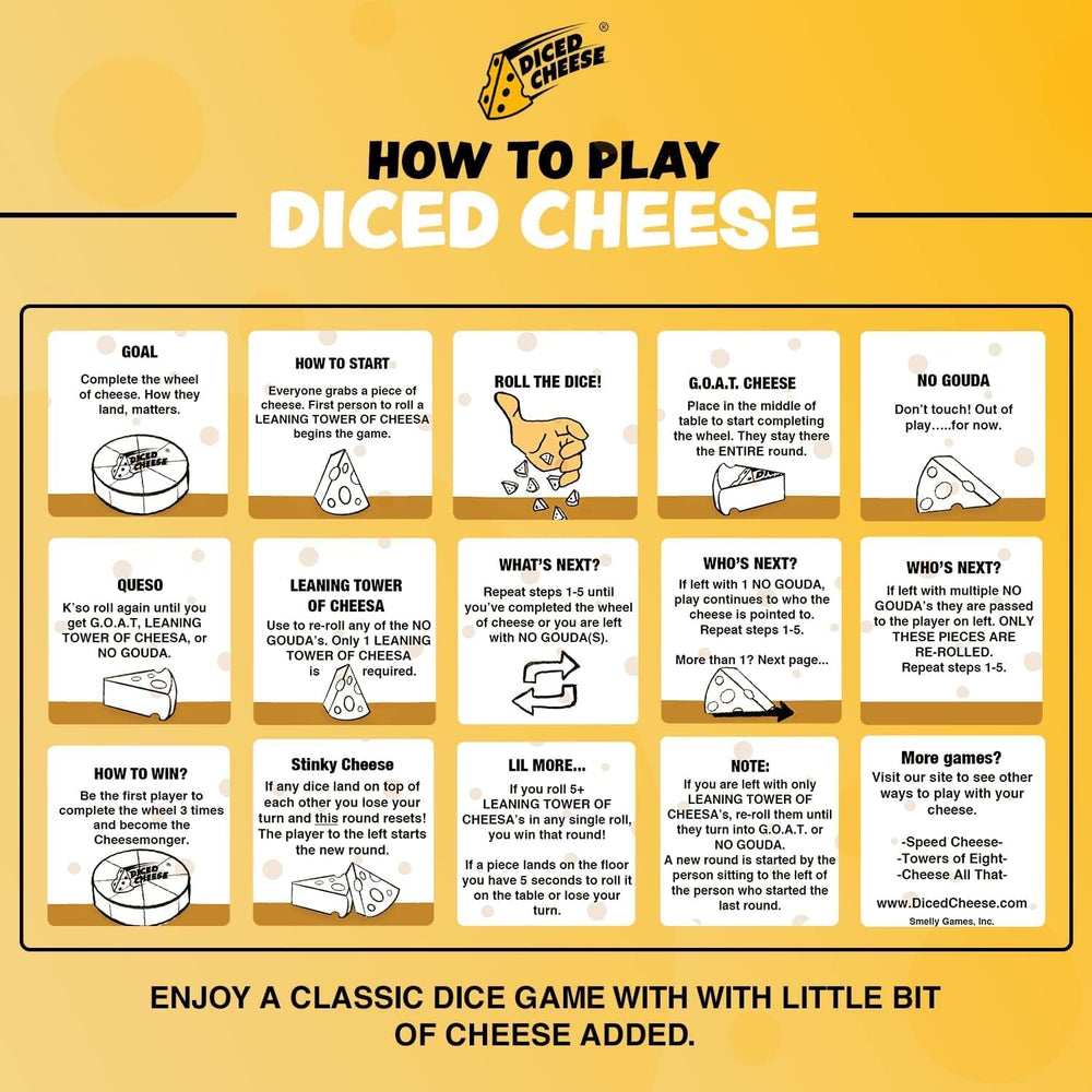 Diced Cheese NO GOUDAs illustrating leaning towers excitement and challenge.