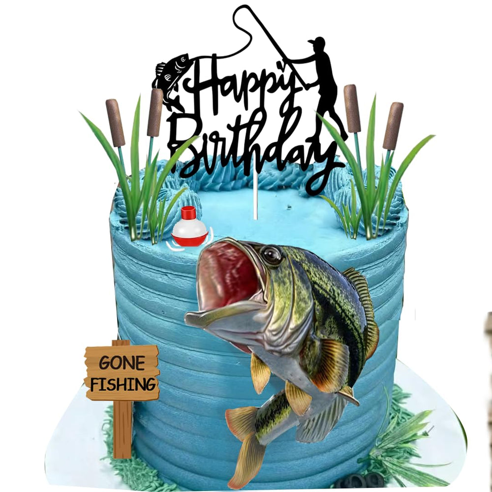 DiDida seaweed and reeds decor enhances a fishing-themed cake scene.