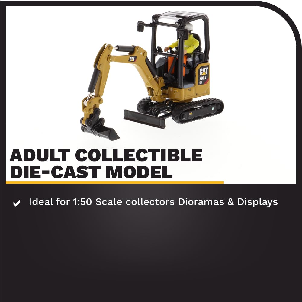 Diecast Masters CAT 301.7 CR movable boom and bucket enable versatile setups.