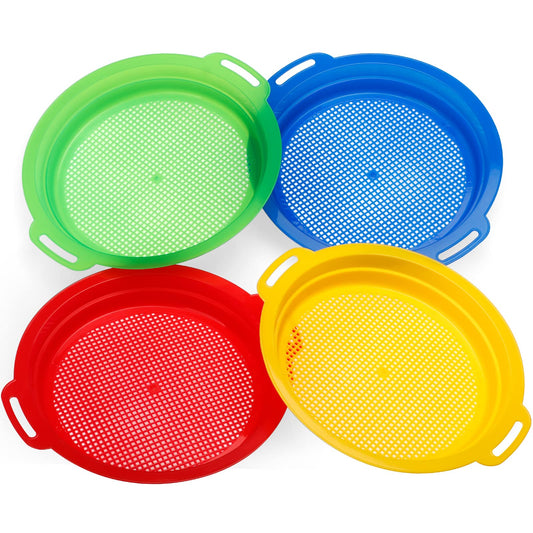 Dilabnba sand sifter for kids in red, ideal for seashell treasure hunts.