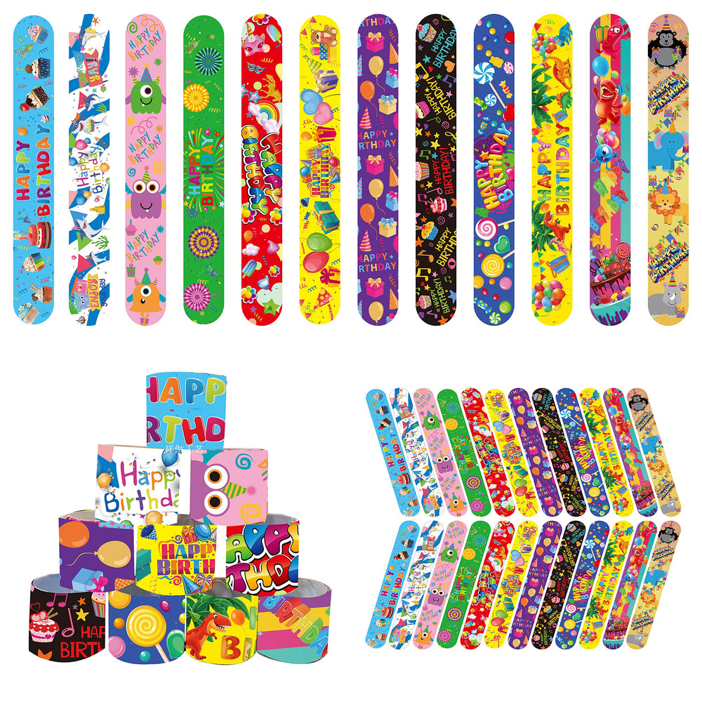 Dimiglobal 48-piece birthday slap bracelets pack with bright designs for group celebrations.