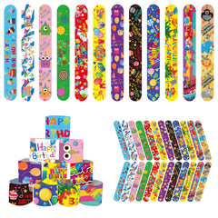 Dimiglobal 48-piece birthday slap bracelets pack with bright designs for group celebrations.