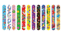 Dimiglobal shows twelve playful patterns on versatile slap bracelets for birthdays.