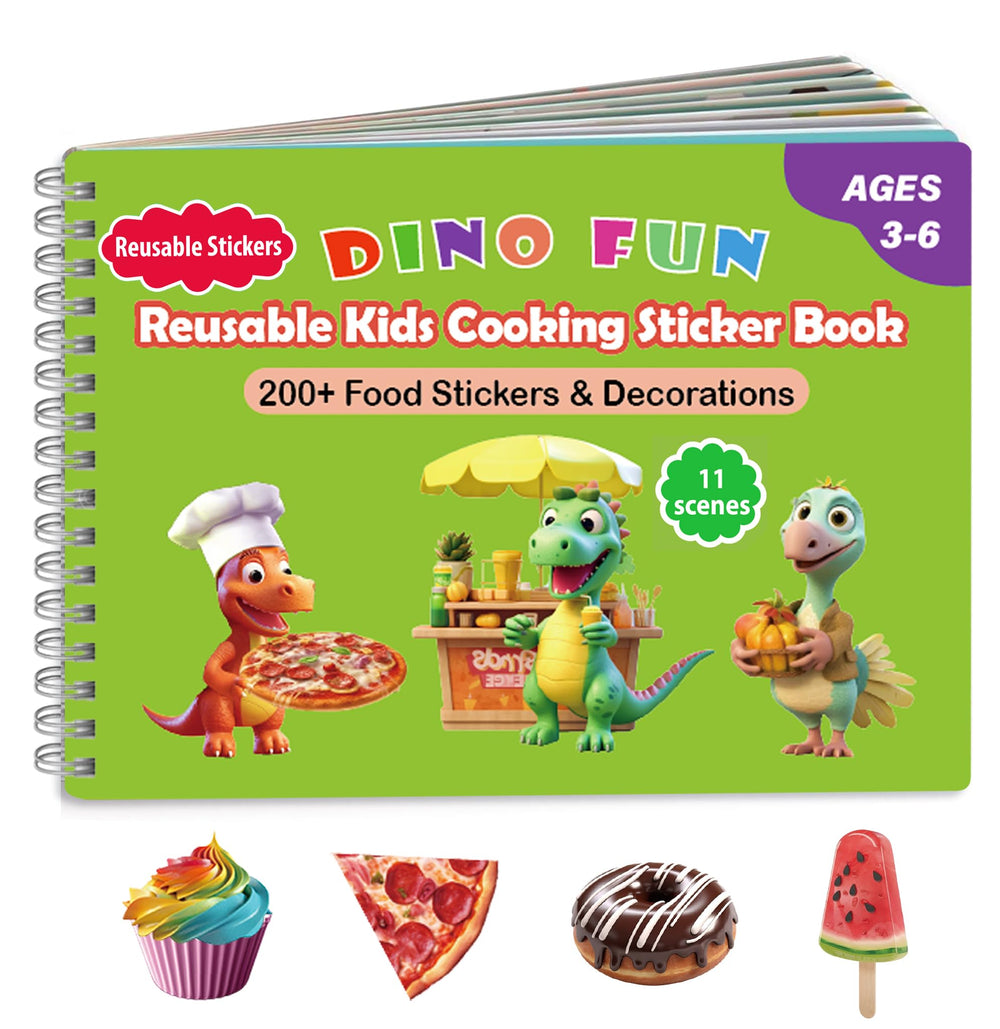 Dino Fun Cooking Sticker Book cover for on-the-go kitchen play and imagination.