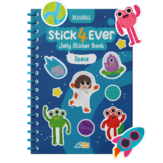 DINO MINI Stick4Ever jelly sticker book cover in space theme for portable travel fun.