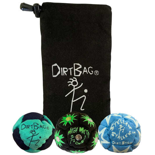 DIRTBAG All Star Footbag 3-Pack with Pouch in green and black for on-the-go practice