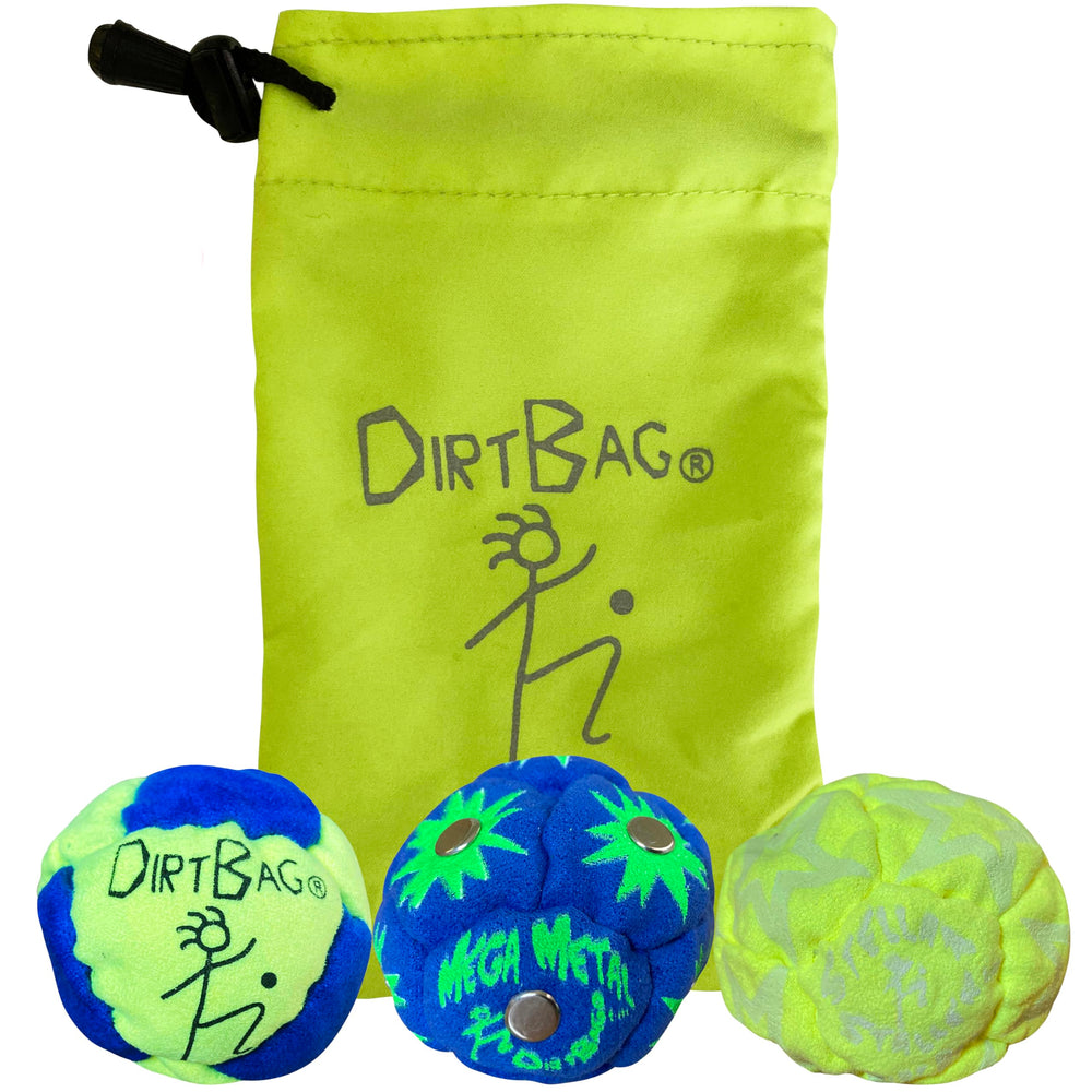 DIRTBAG All Star footbag 3-pack with pouch for portable practice.