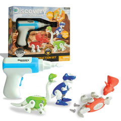 Discovery Dinosaur Construction Set assembly scene with kid safe screwdriver for STEM play.