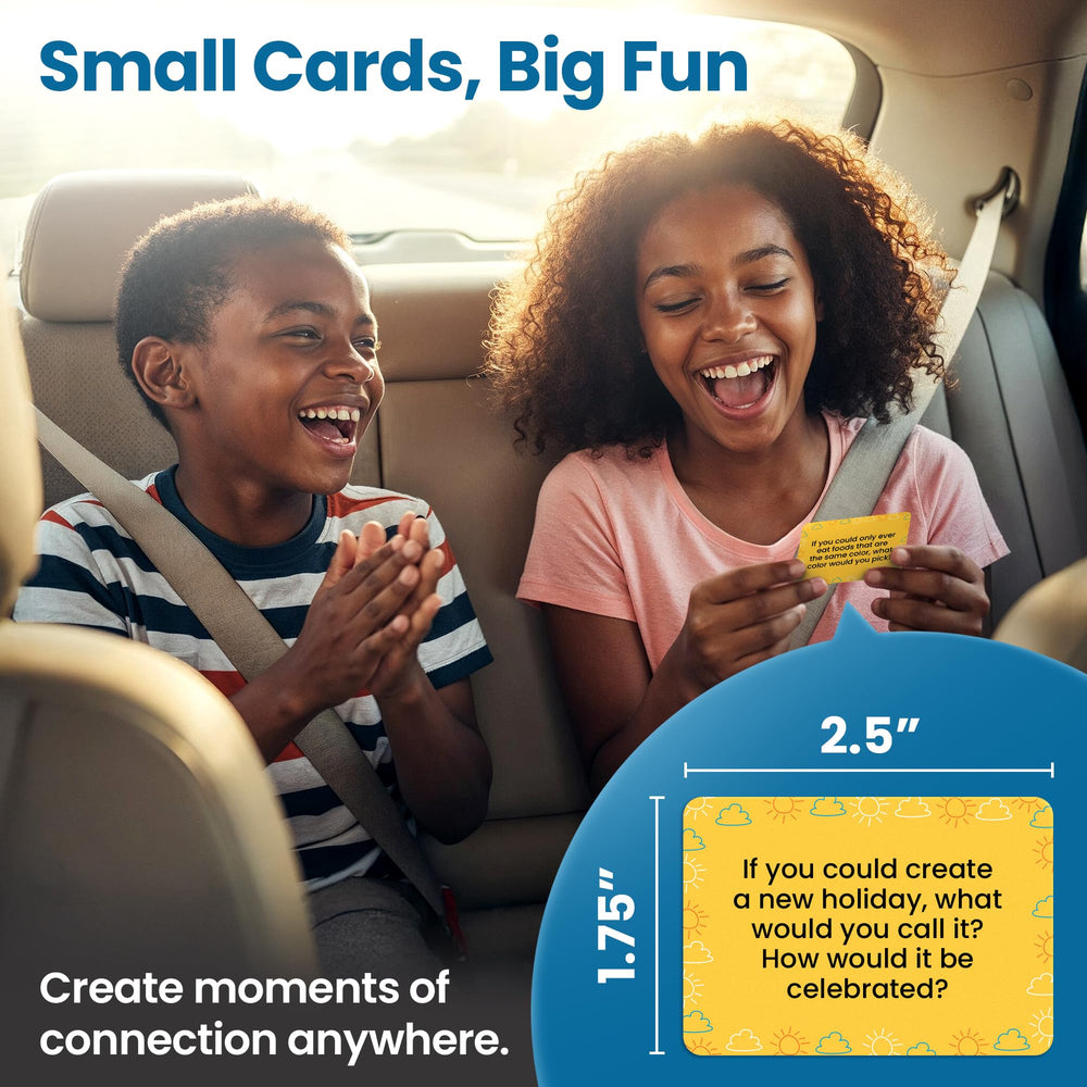 Discussables 400 cards on road trip backseat scene inviting travel chats.