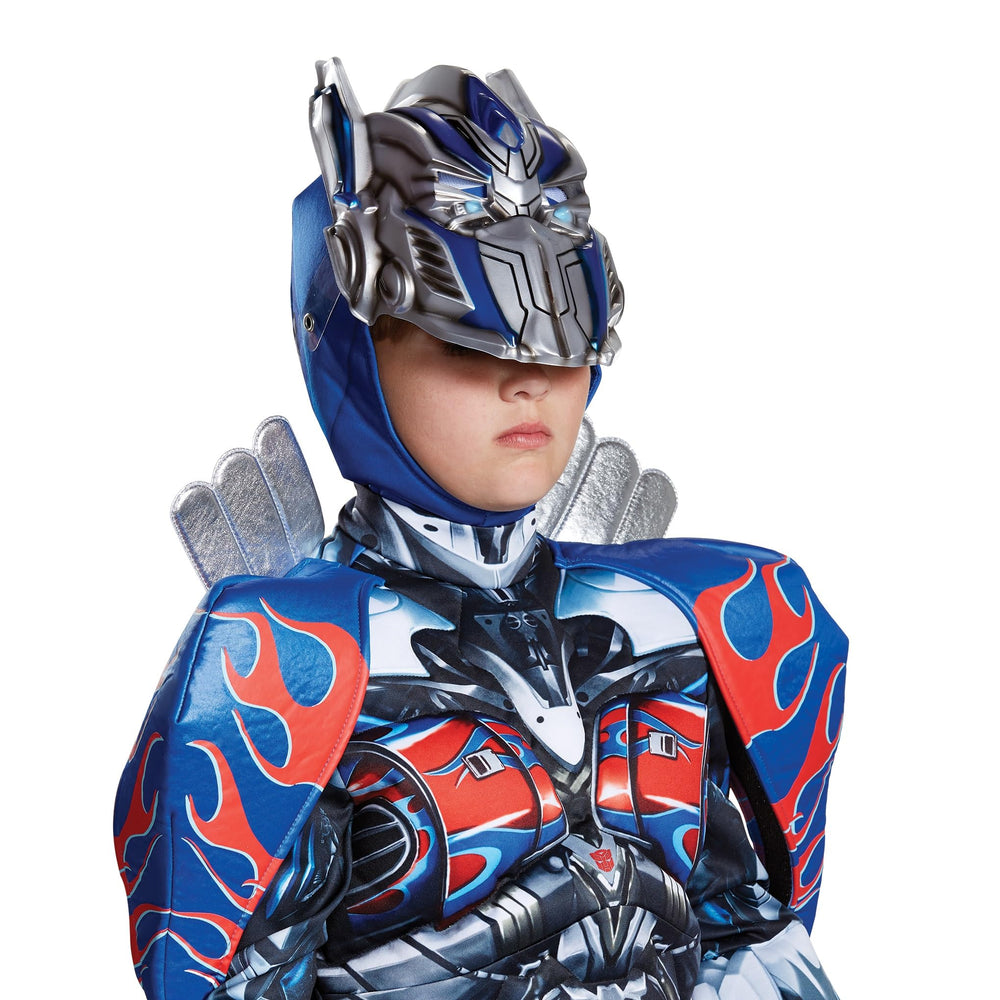 Disguise Optimus Prime Prestige molded mask attached to hood for seamless look.