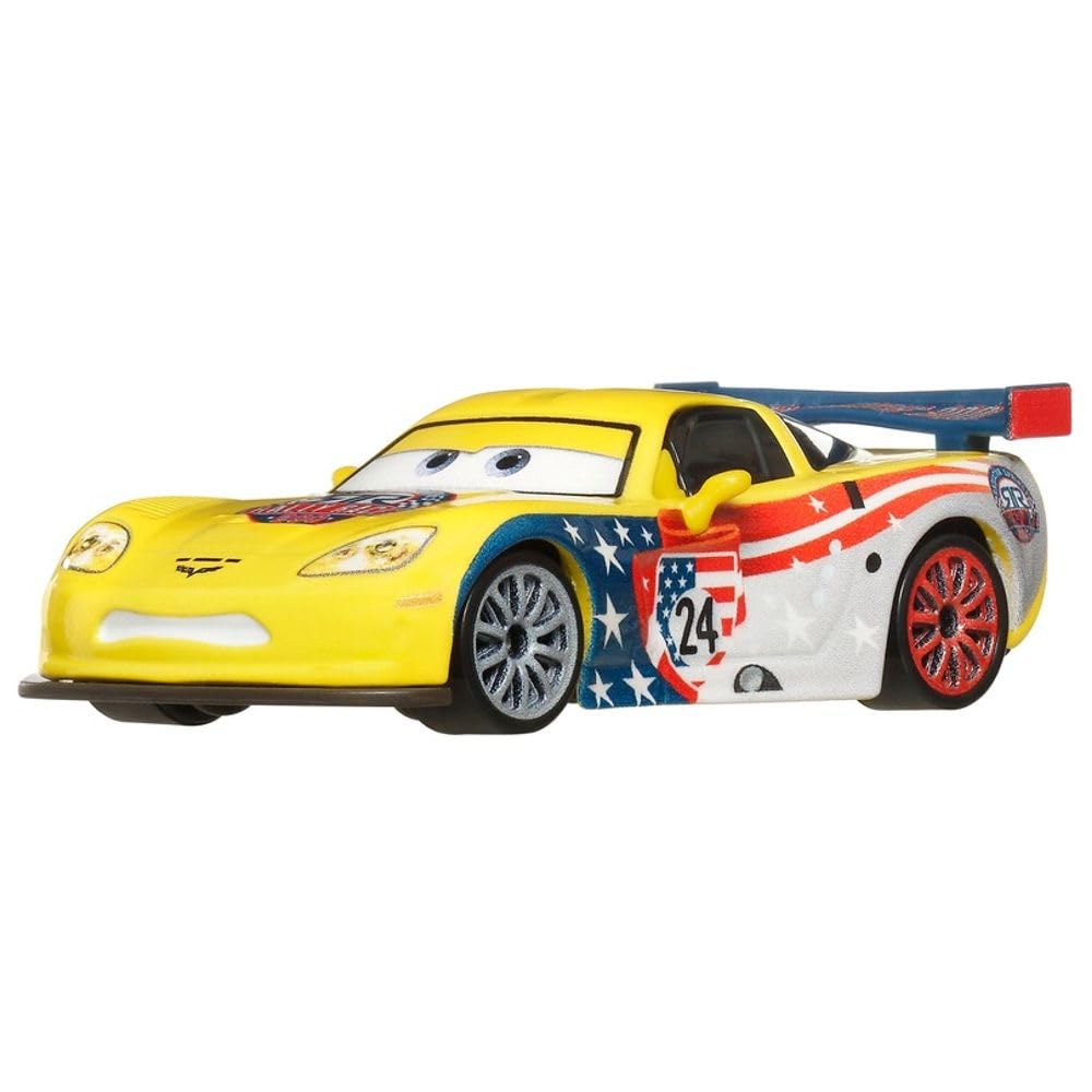 Disney Cars Jeff Gorvette diecast close-up shows detailed paint and chrome accents for collectors.