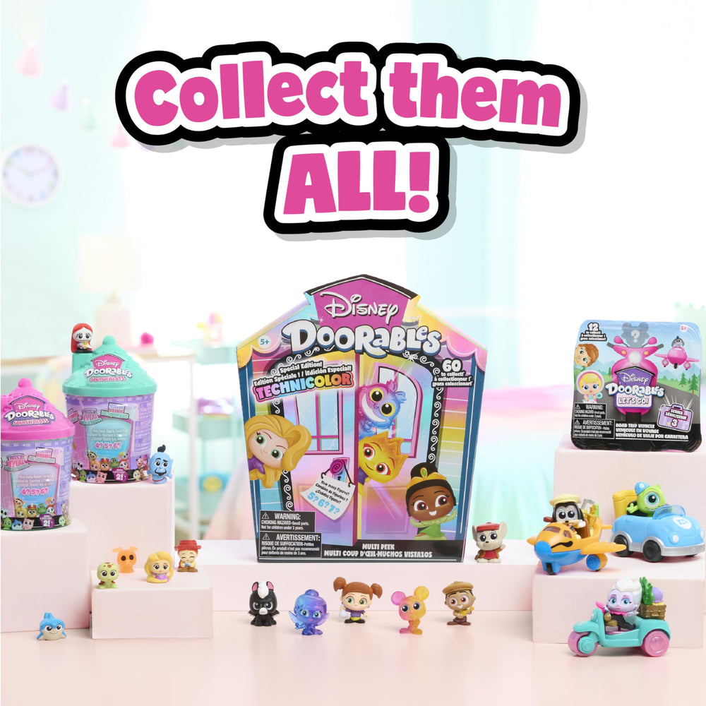 Disney Doorables ombre-coated Technicolor Takeover figures form a rainbow display when lined up.