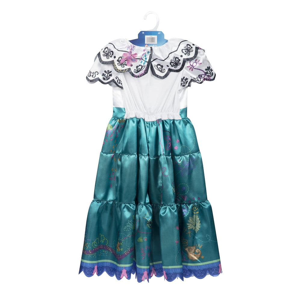 Disney Encanto Mirabel dress teal skirt with colorful icons sparks imaginative adventures.