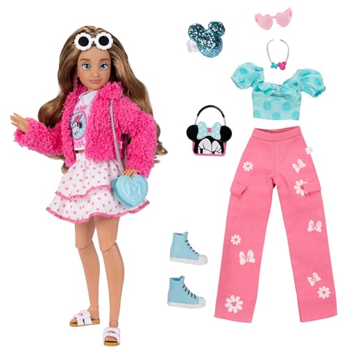 Minnie doll wears fuzzy pink jacket and polka-dot skirt for playful styling.