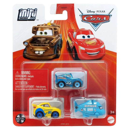 Disney Pixar Dino Rotor Turbosky three-pack racing figures for imaginative play.