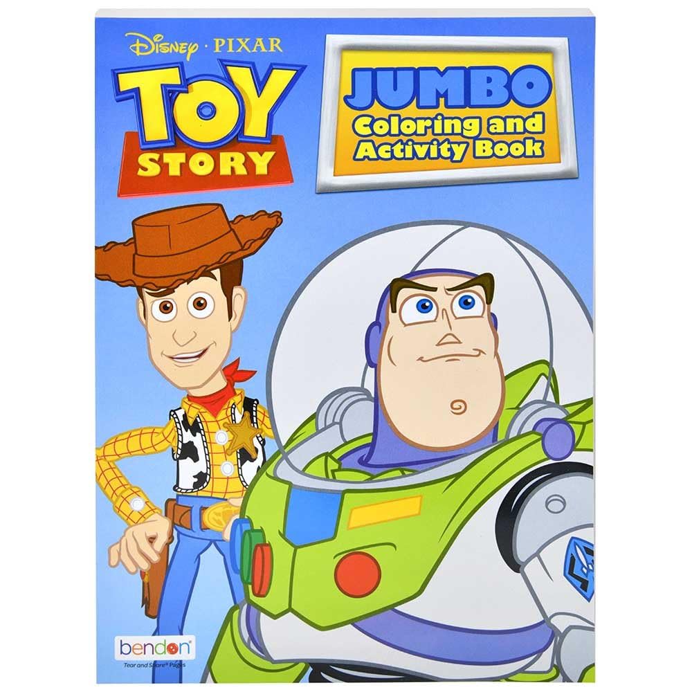 Disney Pixar Toy Story coloring and activity book cover featuring Woody and Buzz for travel entertainment