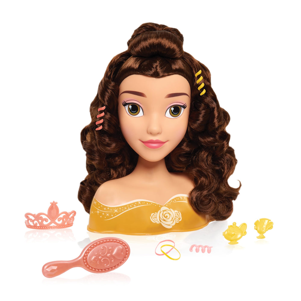 Disney Princess Belle styling head with brown hair for imaginative pretend play and hair-styling practice