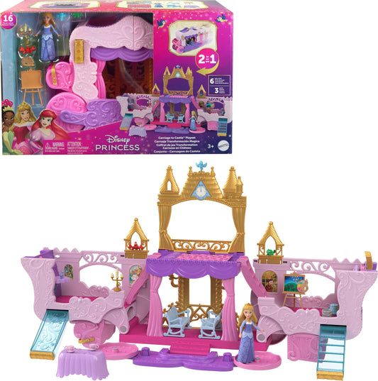 Disney Princess Carriage to Castle playset front view highlighting transformable design for imaginative play