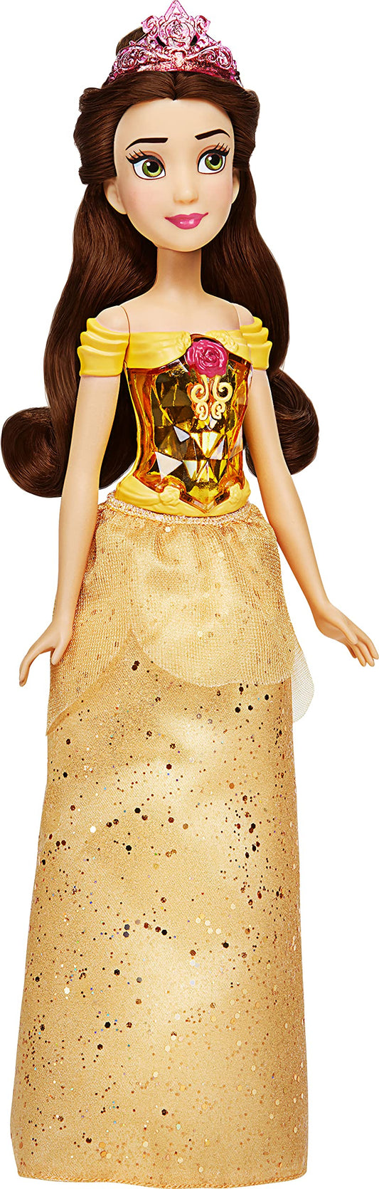 Disney Princess Royal Shimmer Belle doll in yellow gown sparks imaginative storytelling.