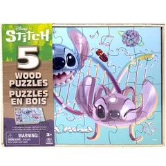Disney Stitch 5-pack wooden puzzles with storage tray promote problem-solving and tidy play.