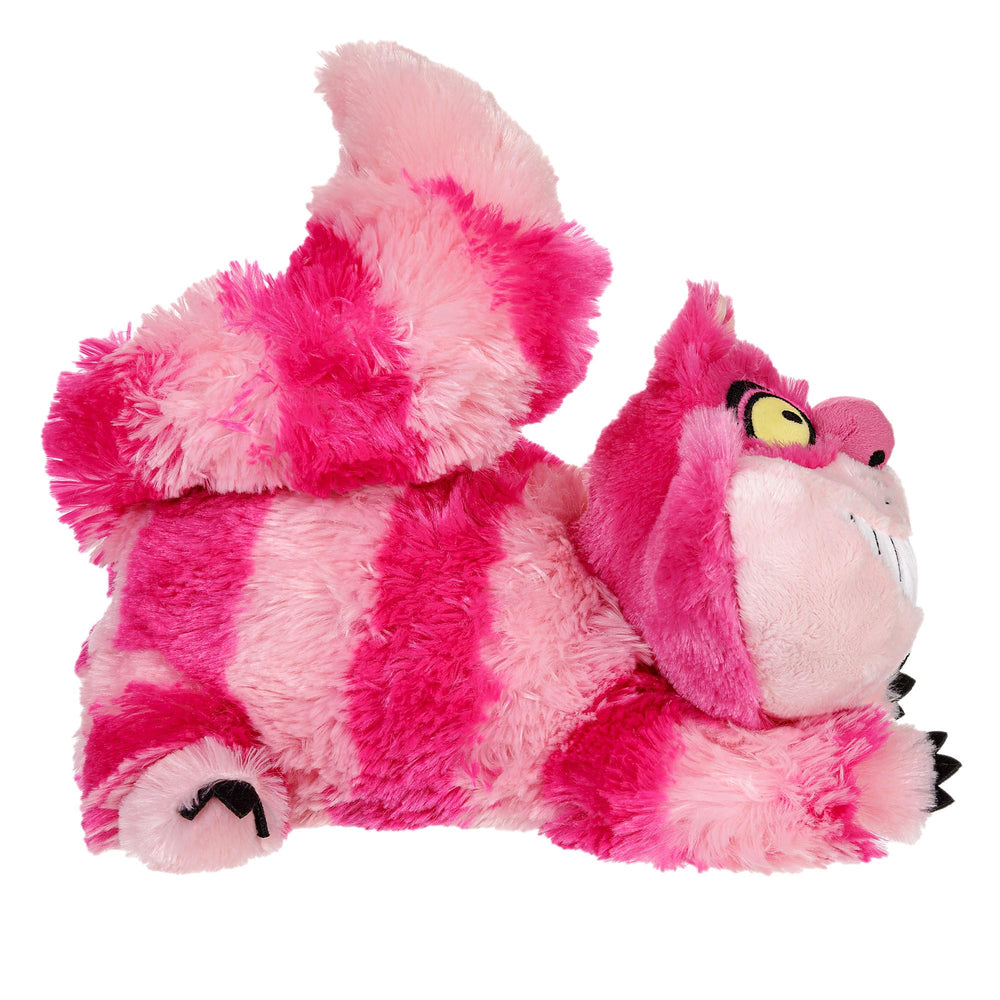 Close-up of embroidered facial features and striped fur on the Cheshire Cat plush.