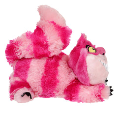 Close-up of embroidered facial features and striped fur on the Cheshire Cat plush.
