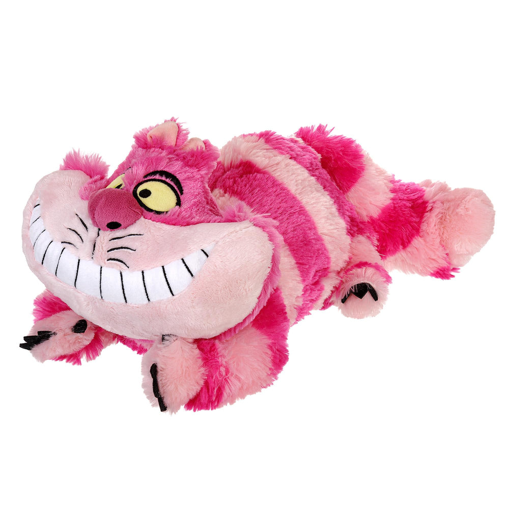 Disney Store Cheshire Cat plush with striped fur, perfect for display and cuddles.