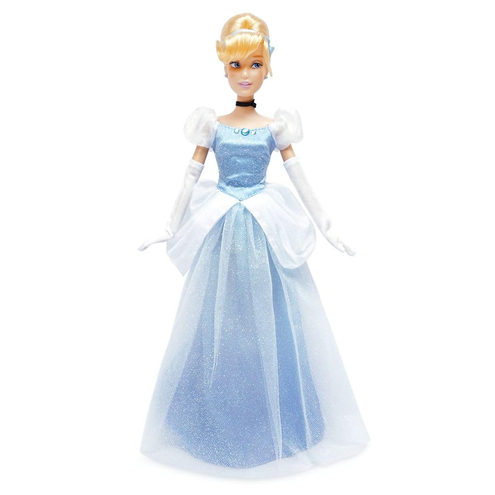 Disney Store Cinderella doll close-up gown detail highlighting shimmering fabric and accessories.