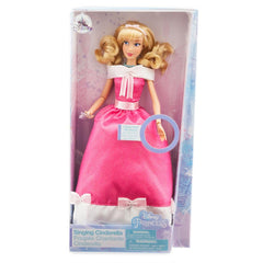 Disney Store Cinderella singing doll wearing a pink party dress with glitter details, ideal for imaginative play.