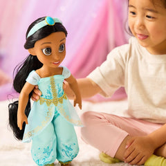 Disney Store Jasmine doll hair showcases styled curls for creative outfit changes.