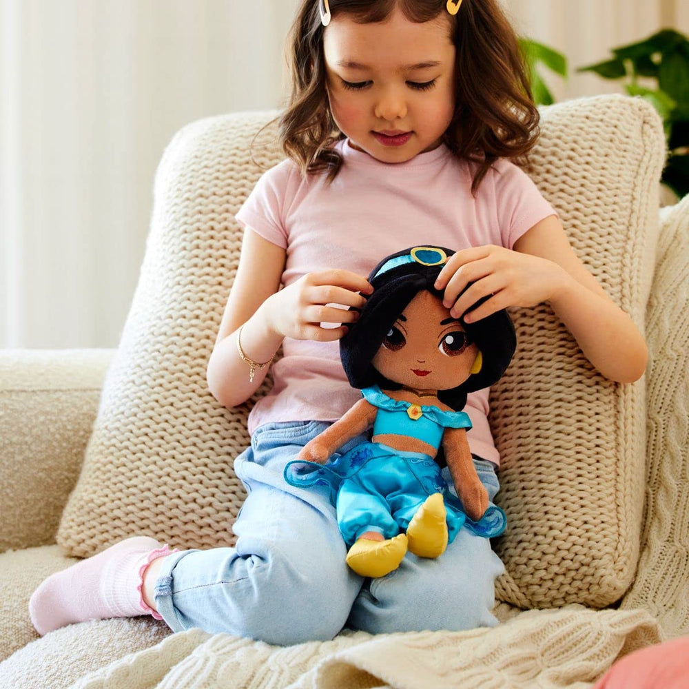 Disney Store Jasmine plush emphasizes embroidered features for durable play.