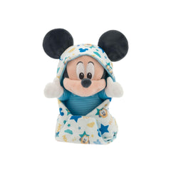 Disney Store Mickey Mouse plush with swaddle, front view for cuddly playtime.