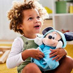 Disney Store Mickey in striped pajamas detail, soft texture for pretend play.