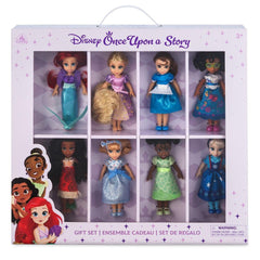Disney Store Once Upon a Story dolls with glittery outfits for display and storytelling