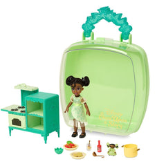 Disney Store Tiana doll with stove and accessories for imaginative cooking play.