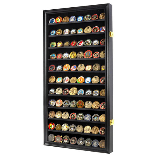 DisplayGifts military challenge coin display case wall view showing spacious 11-row layout.