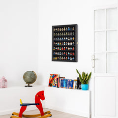 DisplayGifts Minifigure Display Case open door for easy access to figures.