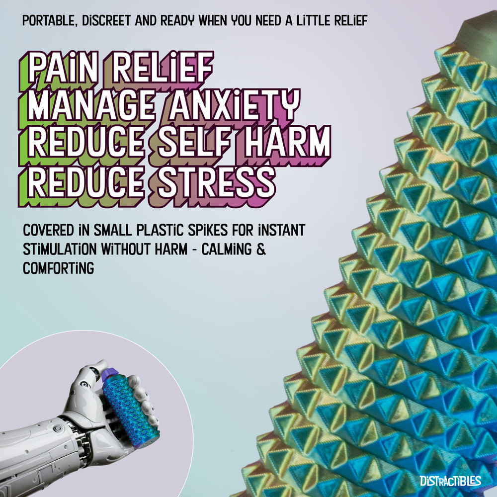 Distractibles roller spikes around the cylinder provide tactile texture for calming touch.