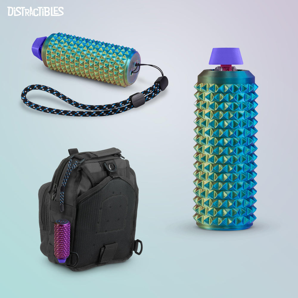 Distractibles travel-friendly sensory roller fits in bags for portable relief.