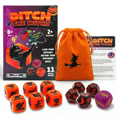 Ditch the Witch Dice Game dice set for quick, engaging family rounds.